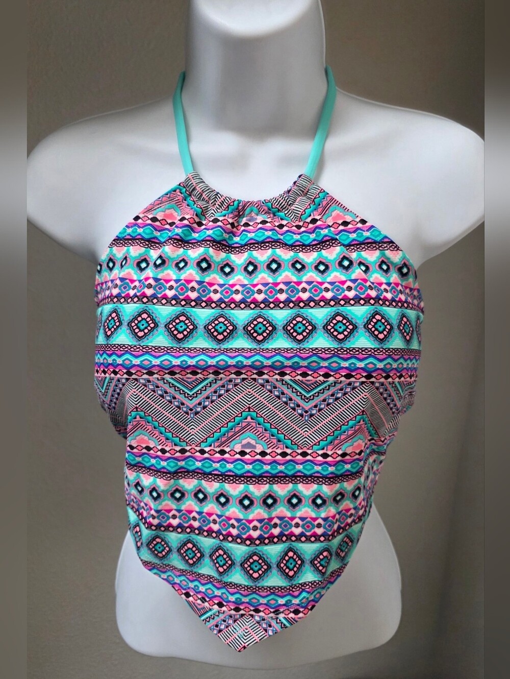 Turquoise & Pink Aztec Halter swisuit bathing suit Top Size Large